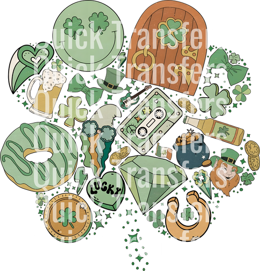 A collage of St. Patrick's Day-themed items like clovers, a wooden door, a beer mug, coins, a horseshoe, and a cassette tape is overlaid with the repeated text "Quick Transfers" from Clover Doodles For St. Patricks Day by Quick Transfers.