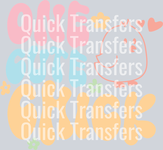 The Charming Easter Pastel Chick With Flowers DTF Transfer by Quick Transfers features colorful text on a grey background, perfect for vibrant Easter designs applied with a heat press.