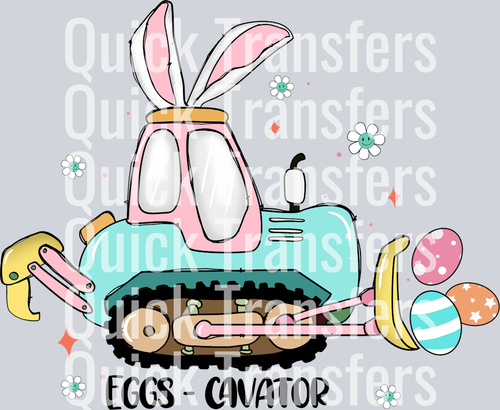The Adorable Easter Bunny Excavator Eggs Cavator Transfer by Quick Transfers features a cartoon excavator with bunny ears lifting Easter eggs, surrounded by flowers and stars. 