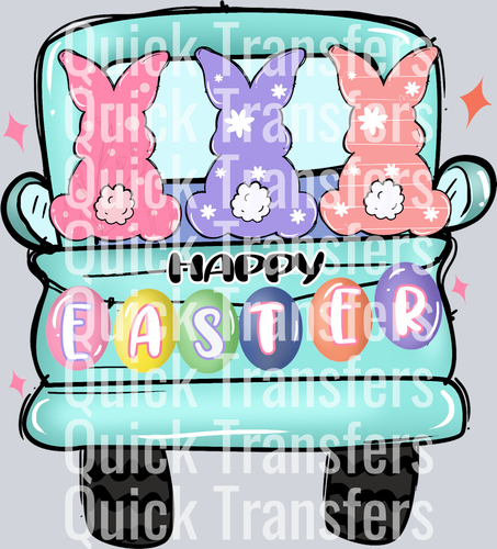 The Adorable Happy Easter Truck With Three Bunnies DTF Transfer by Quick Transfers features pastel bunnies on a teal truck with 