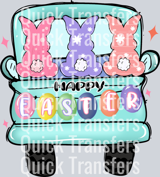 The Adorable Happy Easter Truck With Three Bunnies DTF Transfer by Quick Transfers features pastel bunnies on a teal truck with 