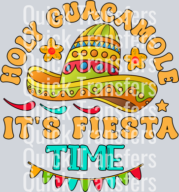 The Bold Vibrant Sombrero Fiesta Time Holy Guacamole Transfer by Quick Transfers features a colorful sombrero with flowers, stars, and festive decor. Ready to press, it displays 