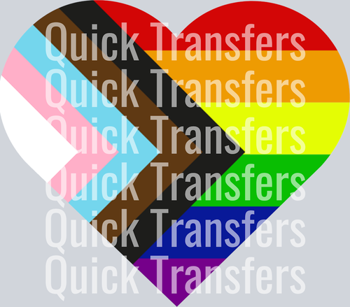 The LGBTQIA Heart by Quick Transfers features a heart-shaped Progress Pride flag with semi-transparent “Quick Transfers” text—ideal for making LGBTQIA apparel using DTF transfers and a heat press.