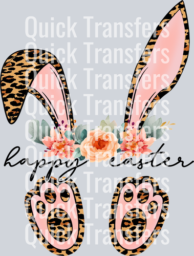 Premium Leopard Bunny Ears Floral Happy Easter DTF Transfer by Quick Transfers features leopard print bunny ears and feet with floral accents and 