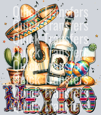 The Quick Transfers Vibrant Mexico Fiesta Guitar Sombrero Tequila Transfer features a guitar, cactus with hat, bottle, and bold floral design—perfect as a ready to press DTF transfer.