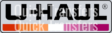 The Uhaul design features the Quick Transfers brand logo in bold black letters on a gray background with colorful stripes and 