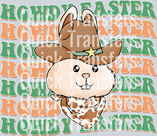 The Quick Transfers Premium Howdy Easter Chibi Cowboy Bunny Western Transfer features a cute bunny in a cowboy hat and bandana with 