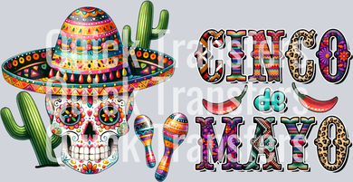 The Vibrant Cinco De Mayo Sugar Skull Fiesta Design Transfer by Quick Transfers features a festive skull with sombrero, maracas, cacti, chili pepper, and bold 
