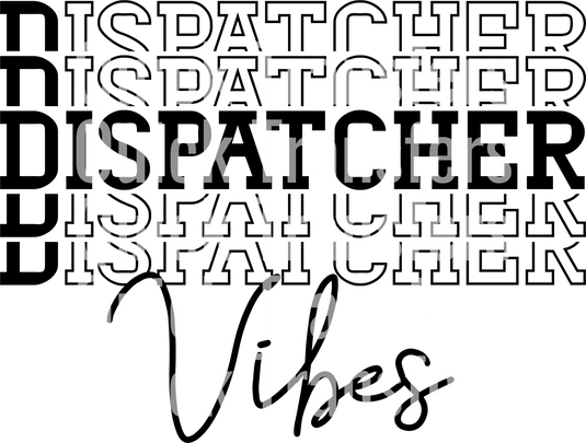 The image showcases "Quick Transfers" echoed five times in a bold, stencil-like font on a high-resolution PNG with a black and white gradient background, capturing digital art's precision. Product: Ready to Press Transfer - Dispatcher Vibes by Quick Transfers.