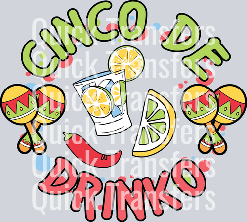 The Festive Cinco De Drinko Maracas Margarita Chili Transfer by Quick Transfers features a colorful 