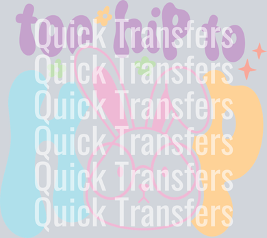 The Vibrant Pastel Easter Bunny Ready To Press DTF Transfer by Quick Transfers features “Quick Transfers” in bold white text repeated six times over a pastel background with a bunny, ideal for custom apparel or Easter designs.