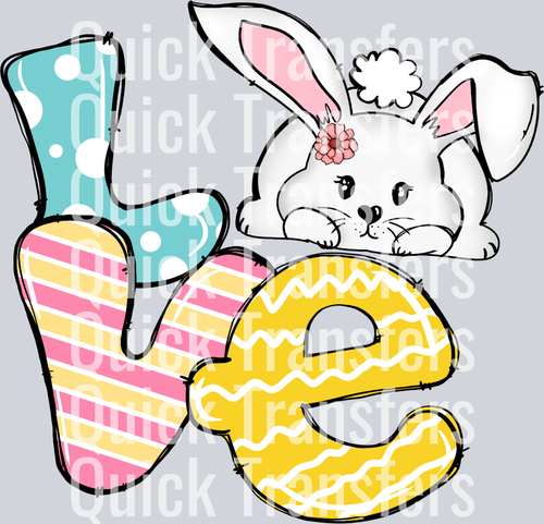 The Adorable Vibrant Easter Bunny Love Pastel Transfer by Quick Transfers features a cute white bunny with a pink flower peeking over colorful “l” and “e”—ideal for Easter DTF Transfer or Custom DTF Transfers.
