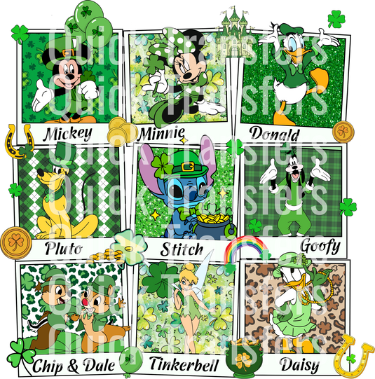 The Magical St Patrick's Day Charm - Ready To Press DTF Transfer by Quick Transfers features a collage of cartoon characters like a dog, fairy, and duck in festive attire. Each is framed in polaroid-style against shamrocks, gold coins, and rainbows.