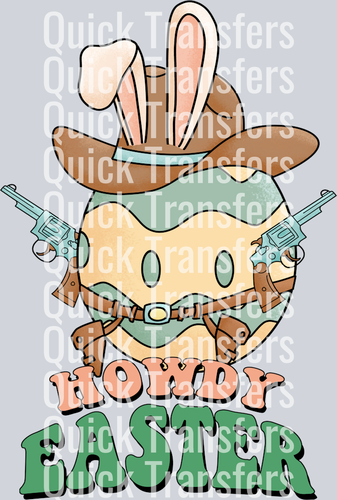 The Adorable Chibi Cowboy Bunny Hoppy Easter Western Transfer by Quick Transfers features a cartoon egg with bunny ears, cowboy hat, scarf, and revolvers. 