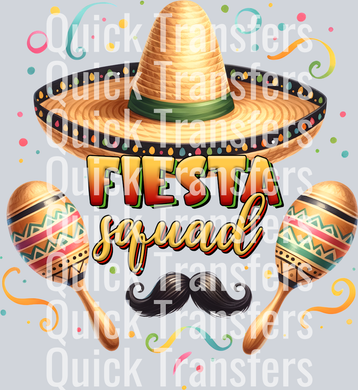 The Vibrant Fiesta Squad Sombrero Maracas Mustache Transfer by Quick Transfers features a sombrero, maracas, mustache, confetti, and 