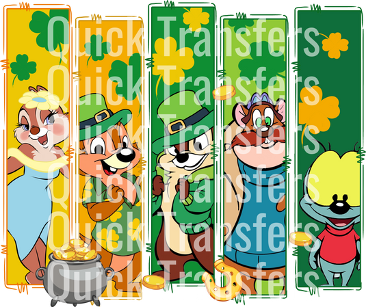 Cartoon characters in front of green and yellow stripes, adorned with clovers and a pot of gold. "Quick Transfers" is repeatedly overlaid on the design titled "Charming Woodland Friends Celebrate St. Patrick's Day - Ready To Press DTF Transfer.