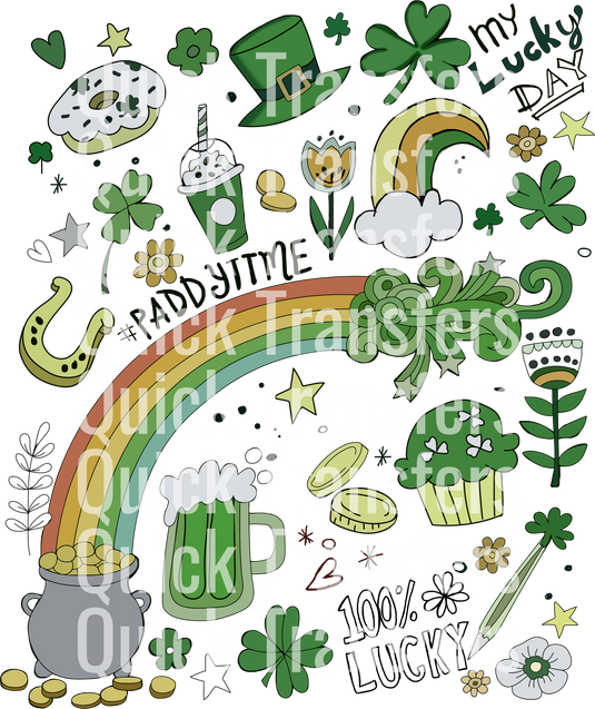 St. Patrick's Day-themed DTF transfer by Quick Transfers features shamrocks, a rainbow, pot of gold, leprechaun hat, and beer mug with "Quick Transfers" text overlay.