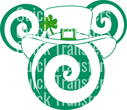 This image features "Quick Transfers" six times in white over a black background, with a green bear-shaped design sporting a shamrock-adorned hat. The product is the Mickey Glitter Shamrock Magic - Ready To Press DTF Transfer by Quick Transfers.