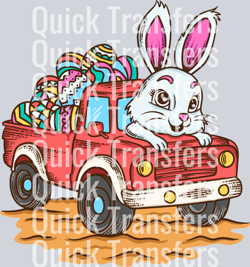 The Charming Easter Bunny In Vintage Truck With Eggs Transfer by Quick Transfers features a bunny in a red vintage truck filled with colorful Easter eggs—perfect for festive crafts or DTF transfers. Add playful charm to your holiday designs!.