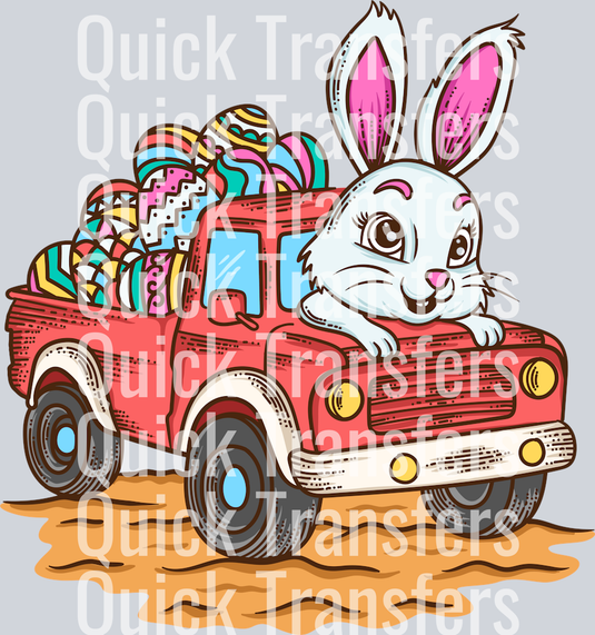 The Charming Easter Bunny In Vintage Truck With Eggs Transfer by Quick Transfers features a bunny in a red vintage truck filled with colorful Easter eggs—perfect for festive crafts or DTF transfers. Add playful charm to your holiday designs!.