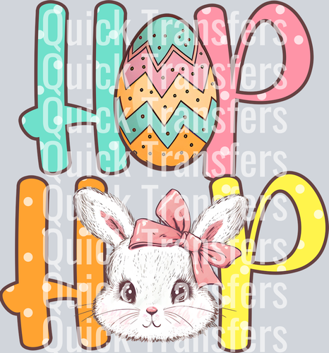 The Adorable Hop Hop Bunny With Bow And Easter Egg Transfer by Quick Transfers features 