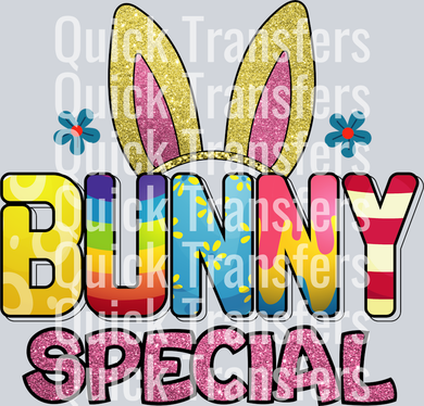 The Glitter Bunny Special Rainbow Ears Floral DTF Transfer by Quick Transfers is perfect for custom apparel using a heat press.