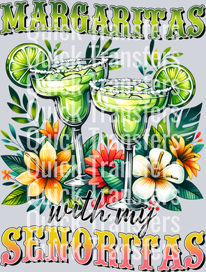 The Margaritas With My Senoritas Vibrant Floral Transfer by Quick Transfers features two margarita glasses with limes, surrounded by tropical flowers and leaves, plus bold text—ideal for custom DTF projects.