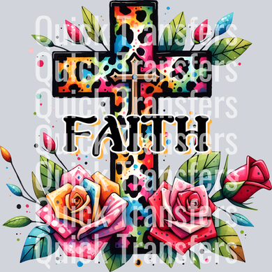 The Quick Transfers Vibrant Faith Leopard Cross With Roses DTF Transfer features a bold 