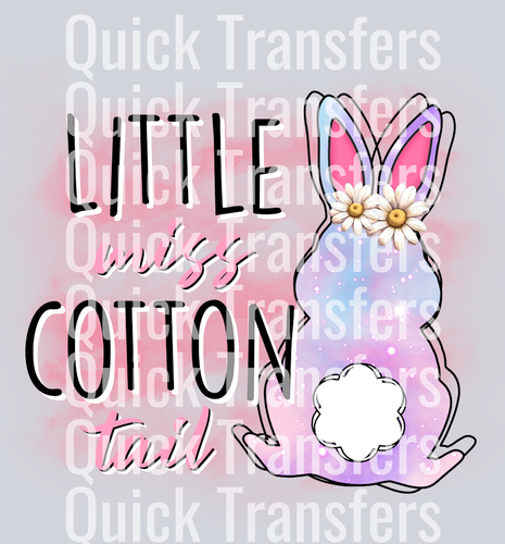 Quick Transfers' Little Miss Cotton Tail Whimsical Pastel Bunny DTF Transfer features a pastel bunny with pink/blue fur, daisies on its ears, and 
