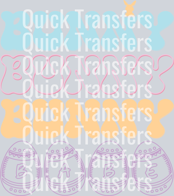 The image shows “Quick Transfers” in bold white text over pastel bones and Easter eggs with 