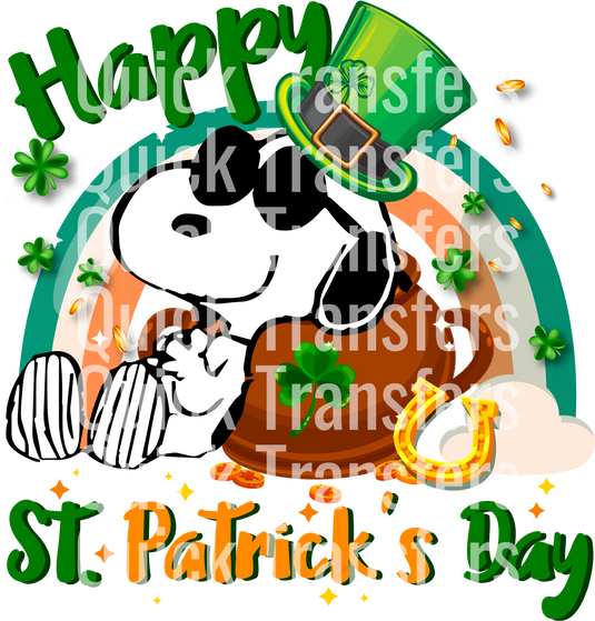 A cartoon dog with a green shamrock top hat and gold coins surrounds it. The design features repeated "Quick Transfers" text and "Happy St. Patrick's Day" at the bottom, from the Happy Furry Friend Design by Quick Transfers.