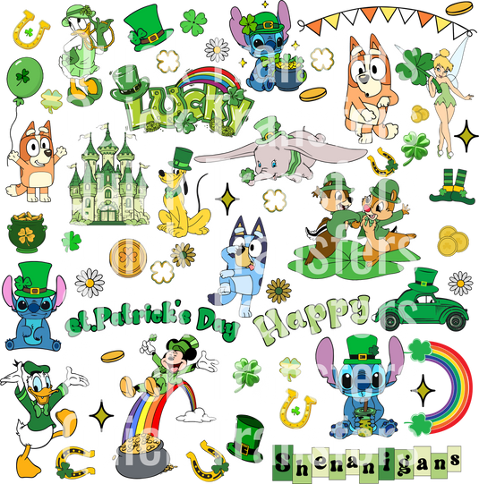 A vibrant collage of cartoon leprechauns, rainbows, unicorns, shamrocks, and horseshoes featuring whimsical characters. Large white text says "Quick Transfers" repeatedly with "shenanigans" at the bottom. Product: Vibrant Floral Dreamscape Design - Ready To Press DTF Transfer by Quick Transfers.