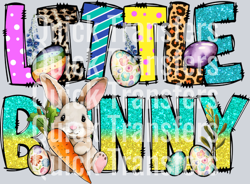 The Little Bunny Glitter Easter Eggs Sweet Carrot DTF Transfer by Quick Transfers features colorful 
