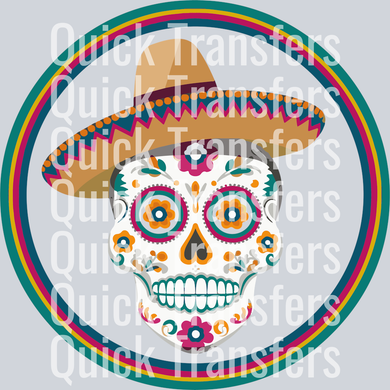 The Quick Transfers Vibrant Sombrero Sugar Skull Day Of The Dead Transfer features a floral and geometric sugar skull in a sombrero, centered in colorful stripes on light grey—ready to press for DTF projects.
