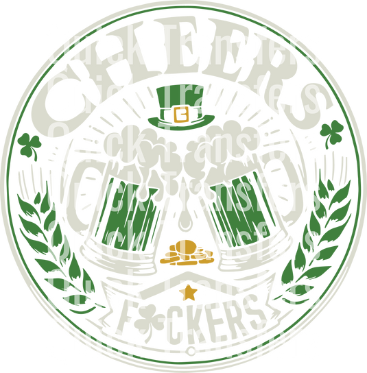 The Quick Transfers design features two green mugs styled as leprechauns with hats and belt buckles overlaid with the text 