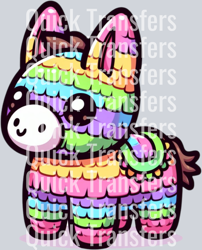 The Adorable Rainbow Llama Pinata Kawaii DTF Apparel Transfer by Quick Transfers features a cute cartoon llama with colorful stripes and a cheerful face, perfect for custom shirts or ready to press DTF designs.