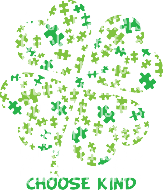 The image showcases the phrase "Quick Transfers" in bold white text over a green puzzle piece circle on black, with "CHOOSE KIND" beneath. Product: Celebrate Kindness with Clover Leaf Design - Ready To Press DTF Transfer by Quick Transfers.