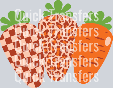 The Charming Retro Easter Carrot Trio Leopard Gingham Transfer by Quick Transfers features three playful carrots—red gingham, leopard print, and solid orange—in a fun Easter design. “Quick Transfers” overlays the image as a ready-to-press DTF transfer.
