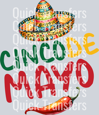 The Quick Transfers Festive Cinco De Mayo Sombrero And Chili Pepper Transfer features vibrant “Cinco de Mayo” text with a colorful sombrero and chili pepper on a light background, ready to press for instant festive flair.