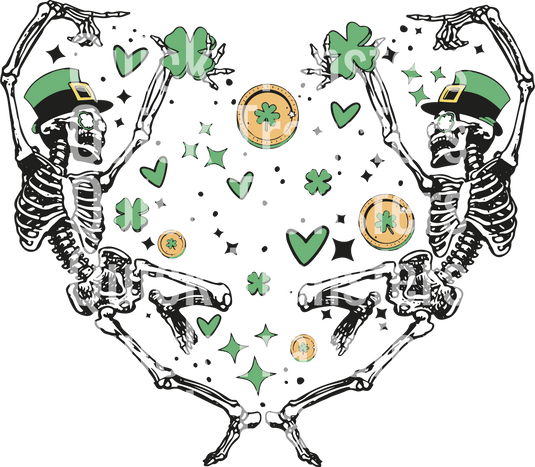 Two skeletons in green hats sit back-to-back amid shamrocks and gold coins on this festive graphic for "Dancing Skeleton Heart for St Patricks Day," with the phrase "Quick Transfers" repeated in white.