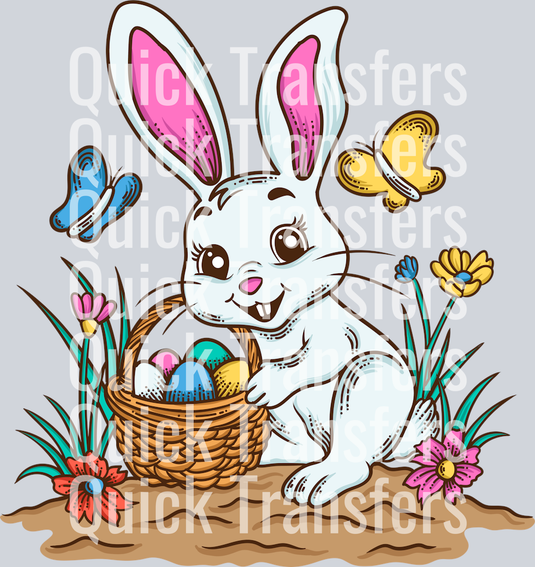 The Adorable Easter Bunny With Eggs And Wildflowers Transfer by Quick Transfers shows a cute white bunny with pink ears and a basket of eggs, surrounded by flowers—ideal for DTF transfers or spring crafts.