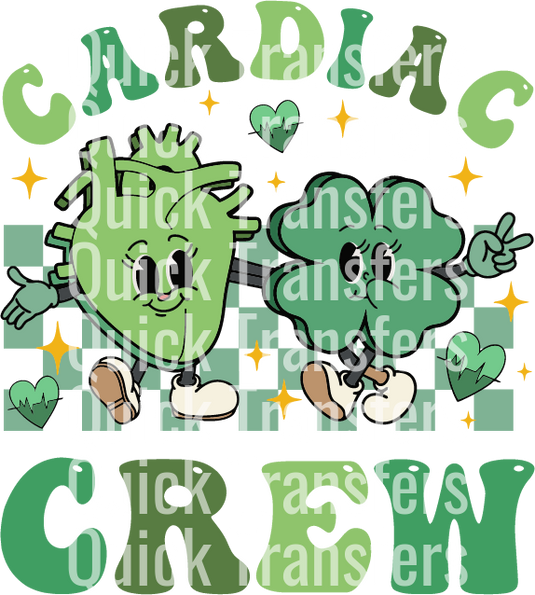 Cartoon heart and brain with smiling faces and limbs, surrounded by green hearts and orange stars, appear cheerful. Text: "Quick Transfers." Product: Funny Cardiac Crew St. Patrick's Day Design - Ready To Press DTF Transfer by Quick Transfers.