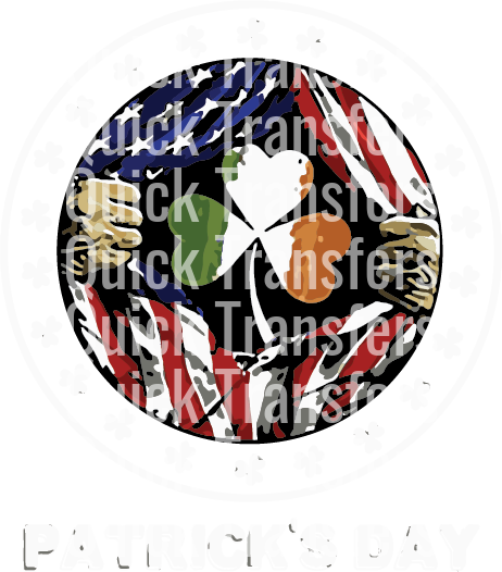 The American Dream Green Shamrock Design from Quick Transfers showcases a circular motif with a heart, shamrock, and orange dot. Hands in diverse colors encircle the design on a red-and-blue diagonal background. Translucent text repeats 