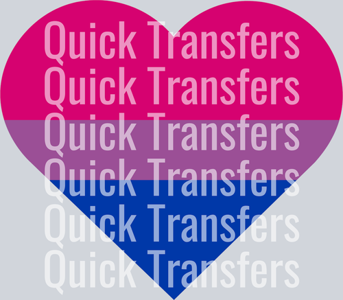 The Bi Heart by Quick Transfers features a heart with pink, purple, and blue stripes like the bisexual pride flag, overlaid with 