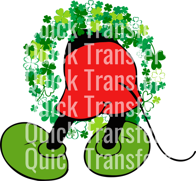 The Charming Whimsical Fantasy Design DTF Transfer by Quick Transfers features a cartoon in a red shirt, large green shoes, surrounded by clovers, with 