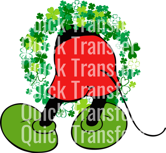 The Charming Whimsical Fantasy Design DTF Transfer by Quick Transfers features a cartoon in a red shirt, large green shoes, surrounded by clovers, with "Quick Transfers" repeatedly written in white.