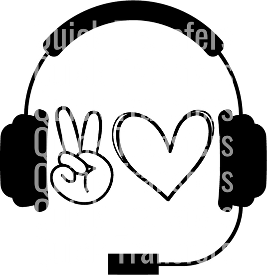 The "Dispatcher Peace and Love 2" design by Quick Transfers features vibrant headphones with the words "Quick Transfers." A hand showing a peace sign is on the left, and a heart symbol is on the right, ideal for DTF transfer and apparel customization enthusiasts.