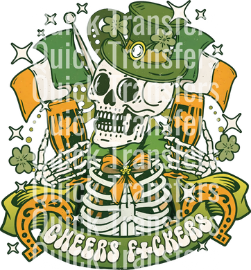 A skeleton with a green hat holds two beer mugs, surrounded by shamrocks and a clover. The text 