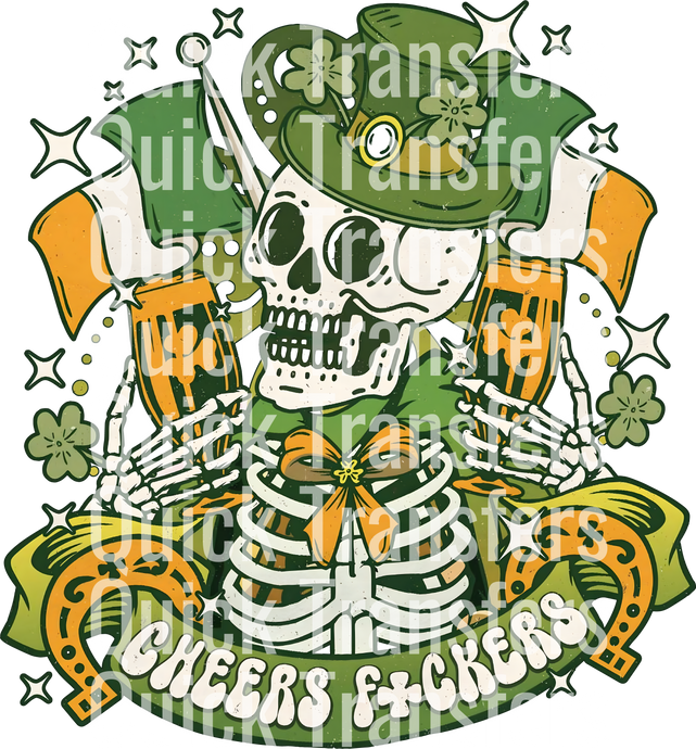 A skeleton with a green hat holds two beer mugs, surrounded by shamrocks and a clover. The text 