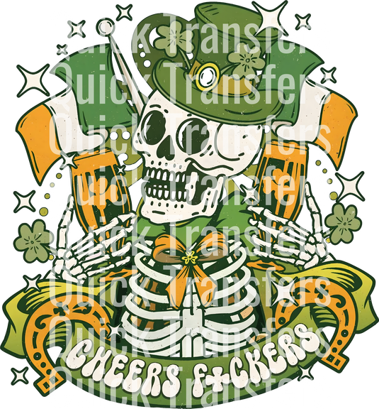 A skeleton with a green hat holds two beer mugs, surrounded by shamrocks and a clover. The text 